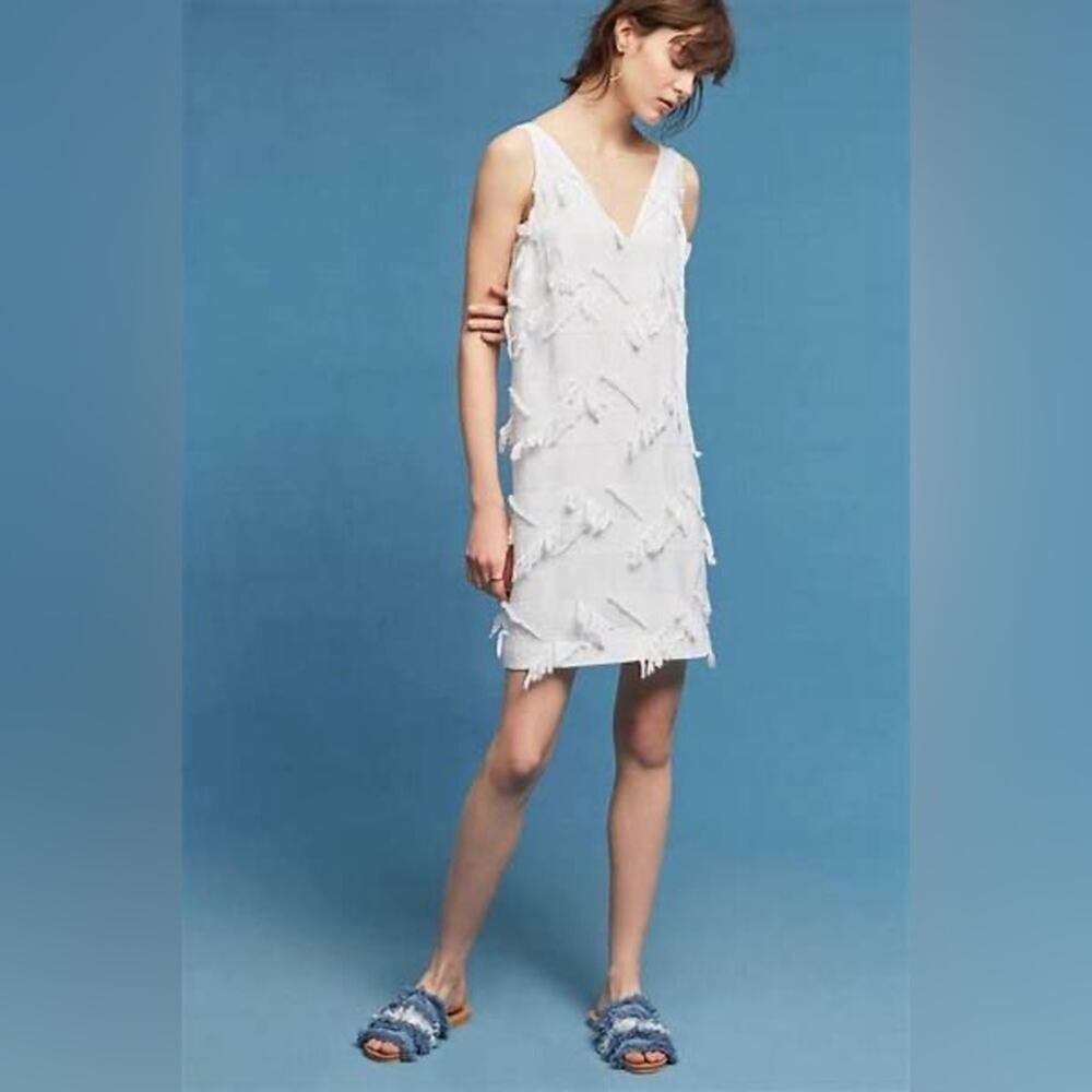 Maeve Anthropologie Boho White Fringe Sleeveless Cotton Shift Dress Size 8